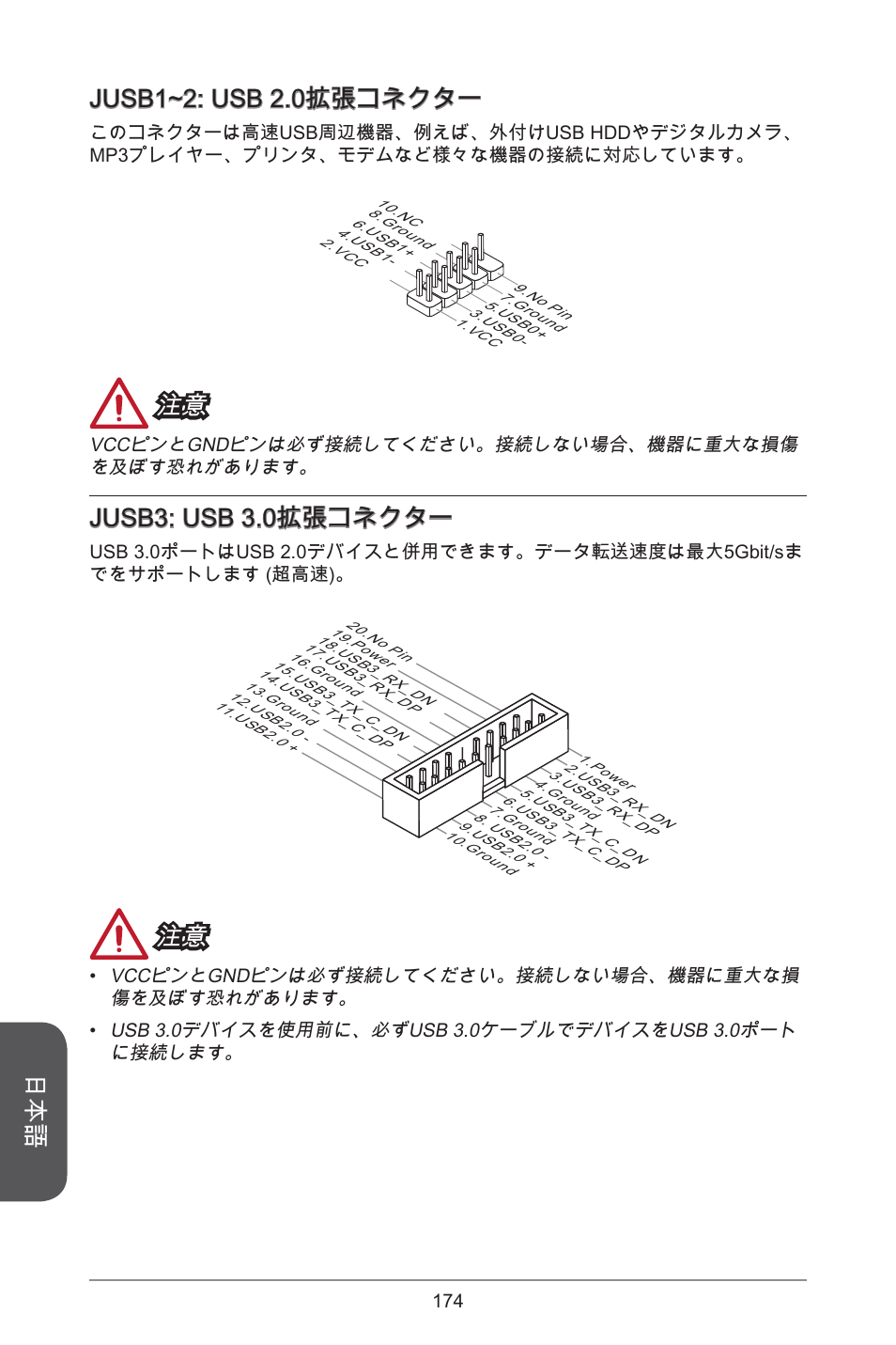 Jusb~2: usb 2.0拡張コネクター, Jusb3: usb 3.0拡張コネクター | MSI H97M-E35 User Manual | Page 174 / 184