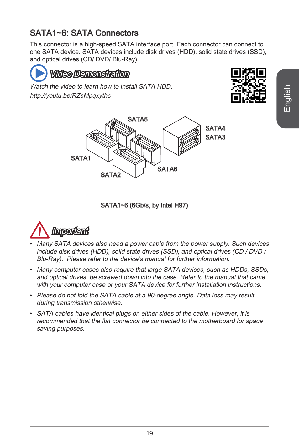 English, Sata~6: sata connectors, Video demonstration | Important | MSI H97M-E35 User Manual | Page 19 / 184