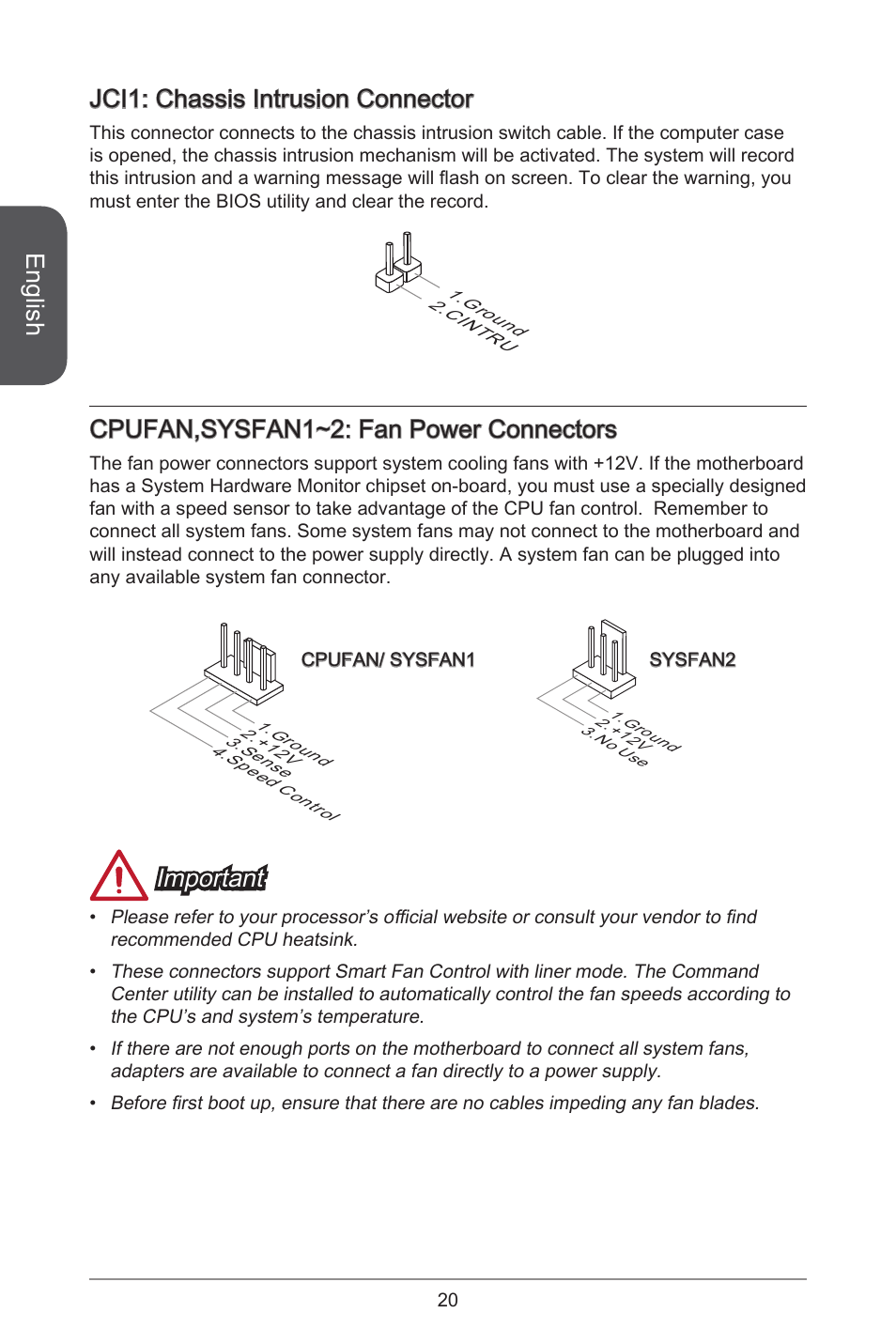 English, Jci: chassis intrusion connector, Cpufan,sysfan~2: fan power connectors | Important | MSI H97M-E35 User Manual | Page 20 / 184