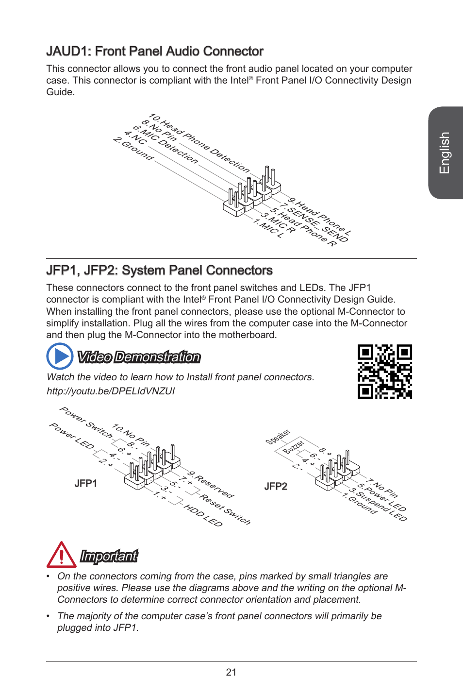 English, Jaud: front panel audio connector, Jfp, jfp2: system panel connectors | Video demonstration, Important | MSI H97M-E35 User Manual | Page 21 / 184