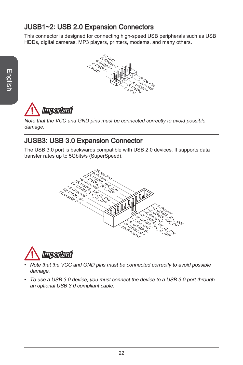 English, Jusb~2: usb 2.0 expansion connectors, Important | Jusb3: usb 3.0 expansion connector | MSI H97M-E35 User Manual | Page 22 / 184