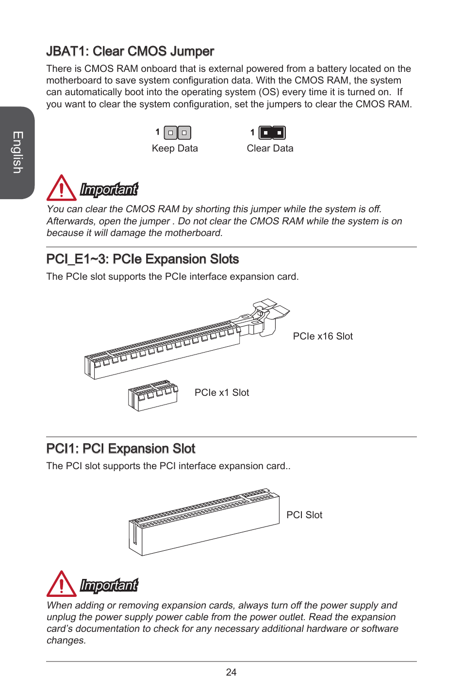 English, Jbat: clear cmos jumper, Important | Pci_e~3: pcie expansion slots, Pci: pci expansion slot | MSI H97M-E35 User Manual | Page 24 / 184
