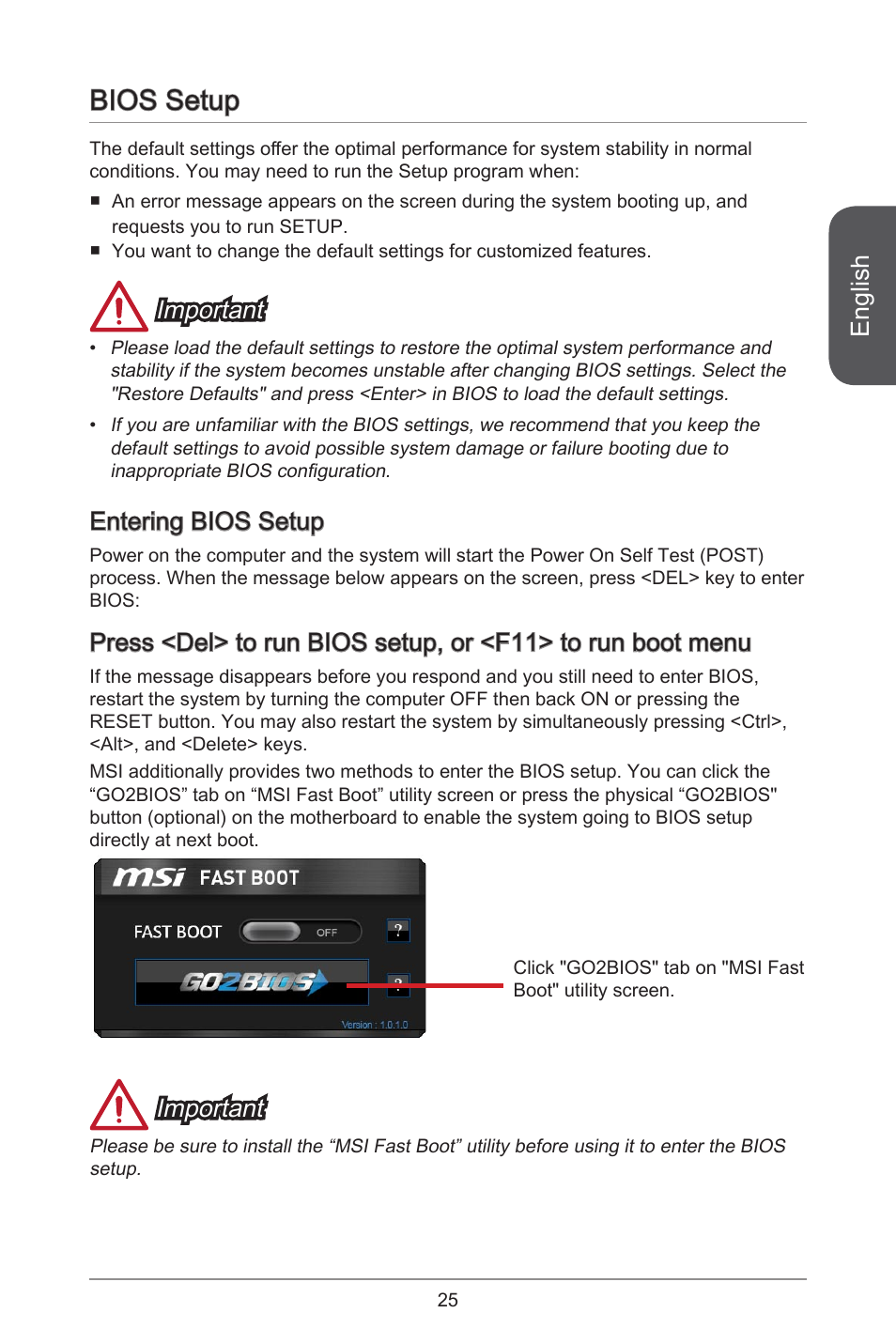 Bios setup, English, Important | Entering bios setup | MSI H97M-E35 User Manual | Page 25 / 184