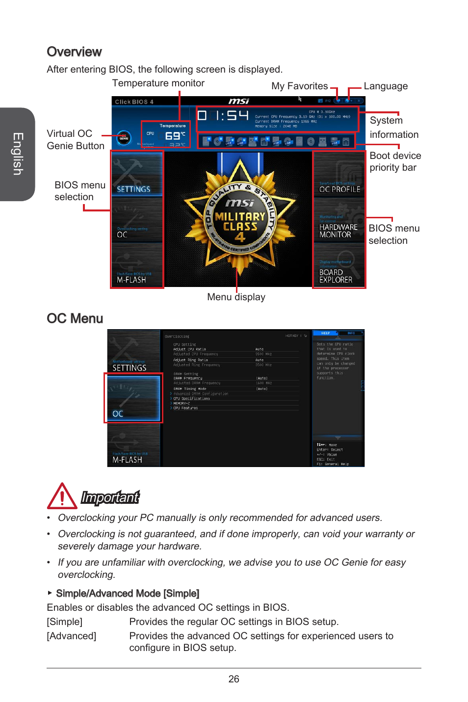 English, Overview, Oc menu important | MSI H97M-E35 User Manual | Page 26 / 184