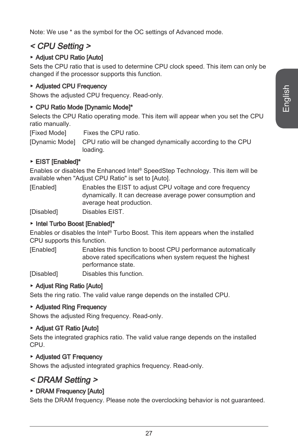 English, Cpu setting, Dram setting | MSI H97M-E35 User Manual | Page 27 / 184