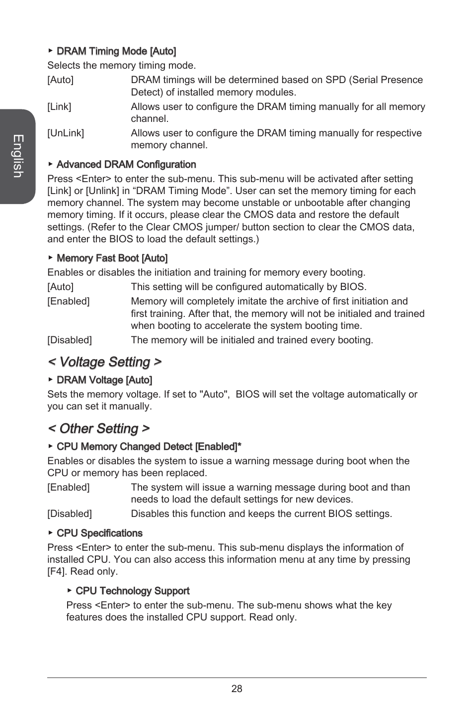 English, Voltage setting, Other setting | MSI H97M-E35 User Manual | Page 28 / 184