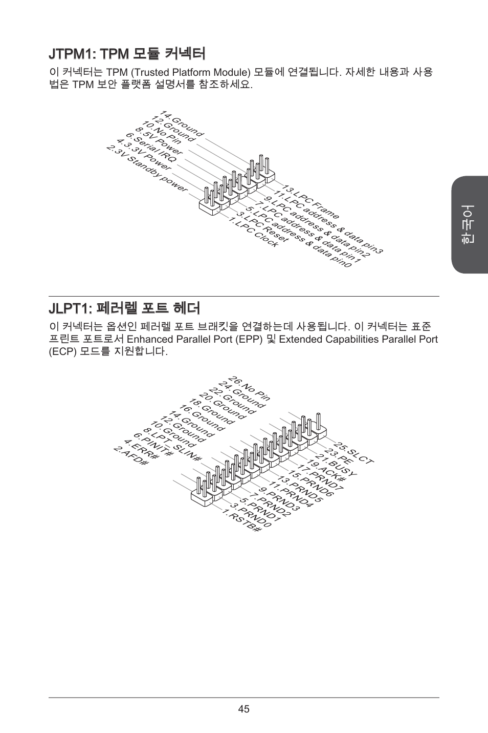 Jtpm: tpm 모듈 커넥터, Jlpt: 페러렐 포트 헤더 | MSI H97M-E35 User Manual | Page 45 / 184