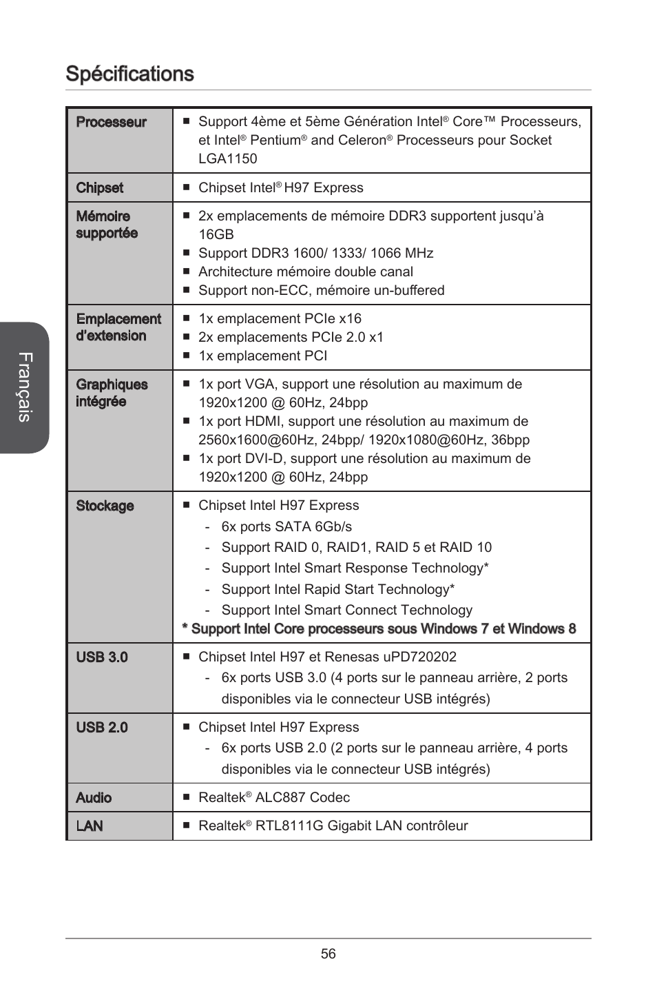 Spécifications, Français | MSI H97M-E35 User Manual | Page 56 / 184