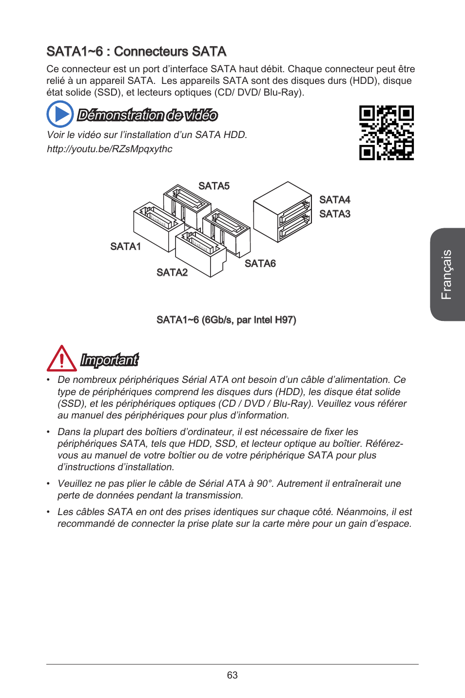 Français, Sata~6 : connecteurs sata, Démonstration de vidéo | Important | MSI H97M-E35 User Manual | Page 63 / 184