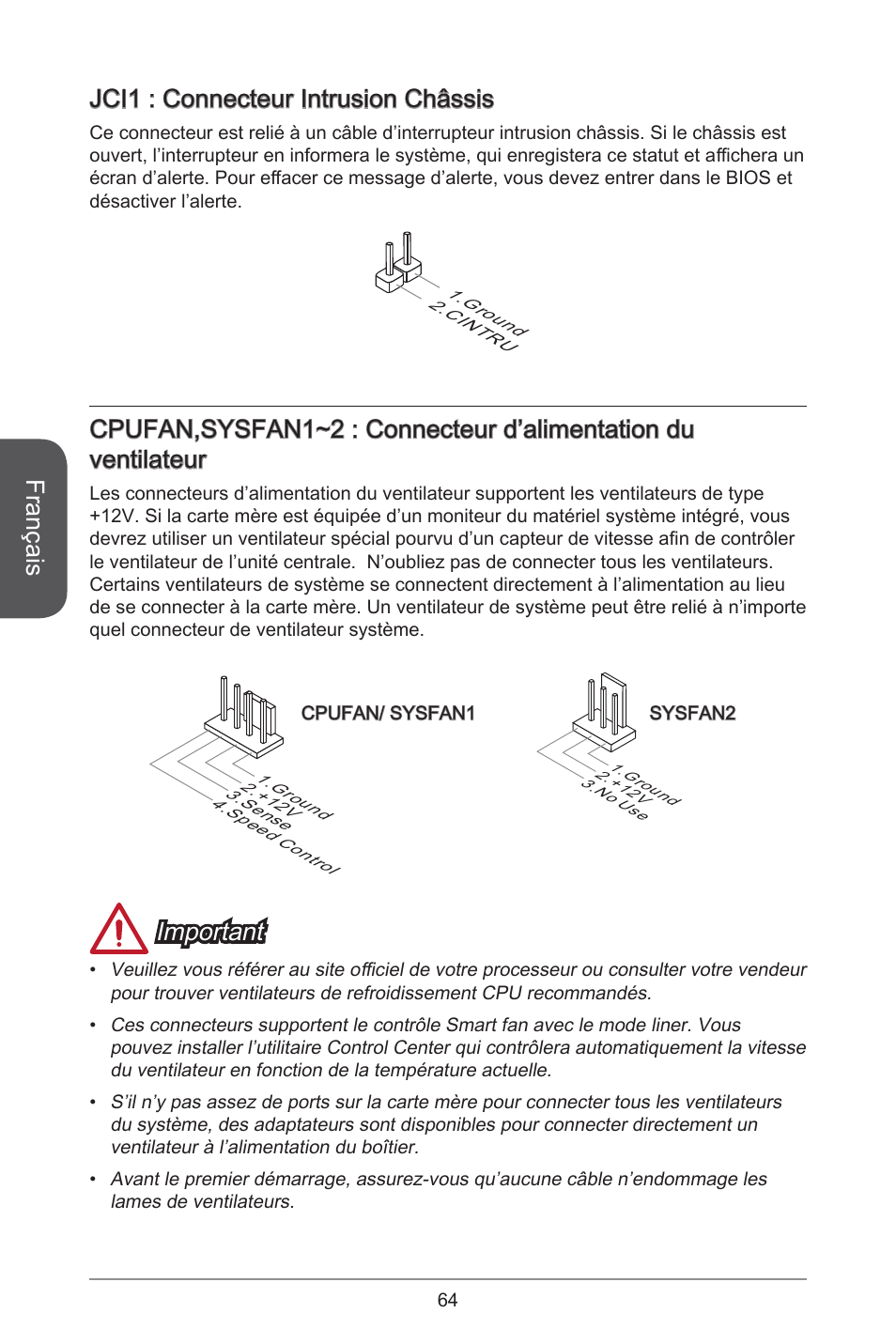 Français, Jci : connecteur intrusion châssis, Important | MSI H97M-E35 User Manual | Page 64 / 184