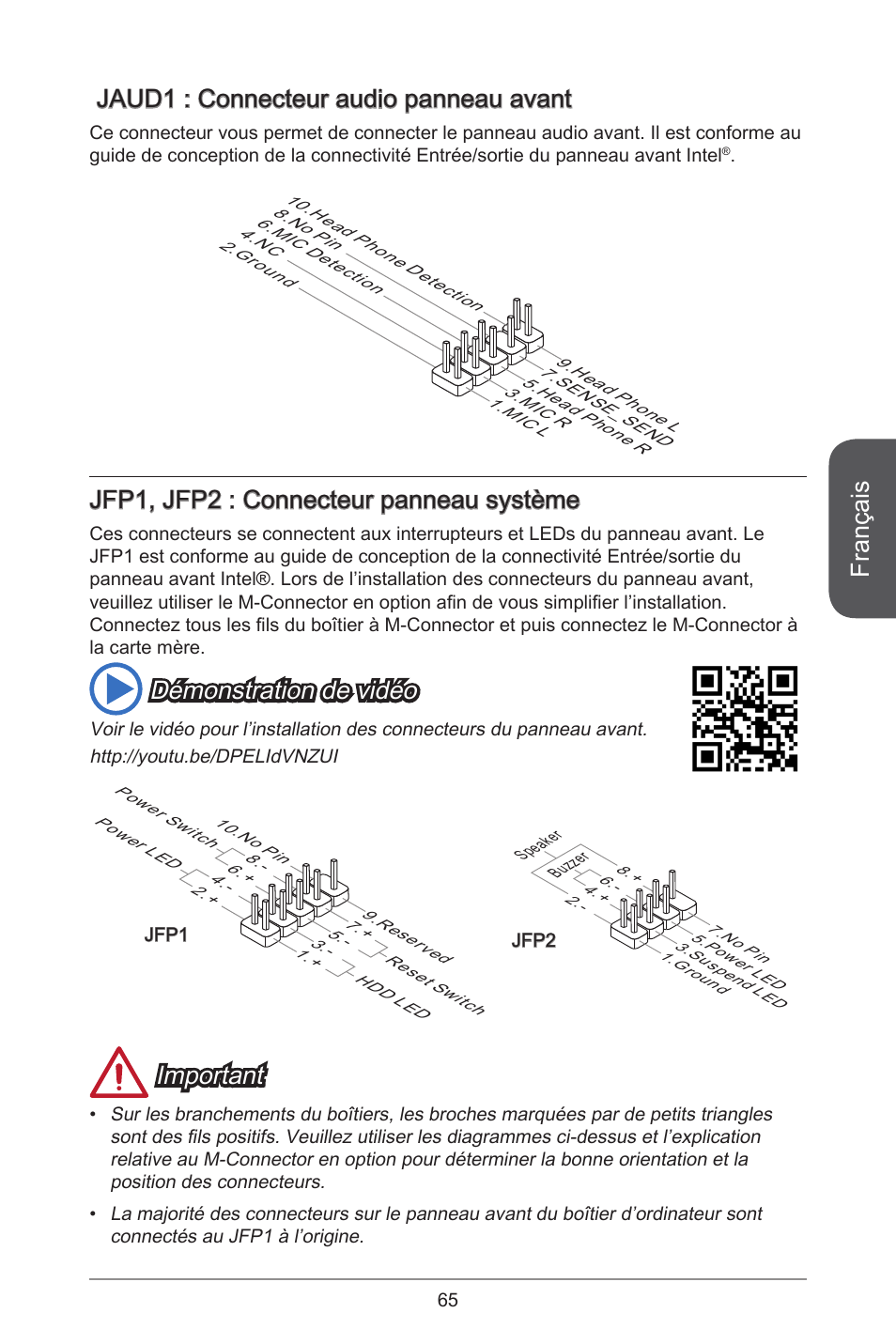 Français, Jaud : connecteur audio panneau avant, Jfp, jfp2 : connecteur panneau système | Démonstration de vidéo, Important | MSI H97M-E35 User Manual | Page 65 / 184