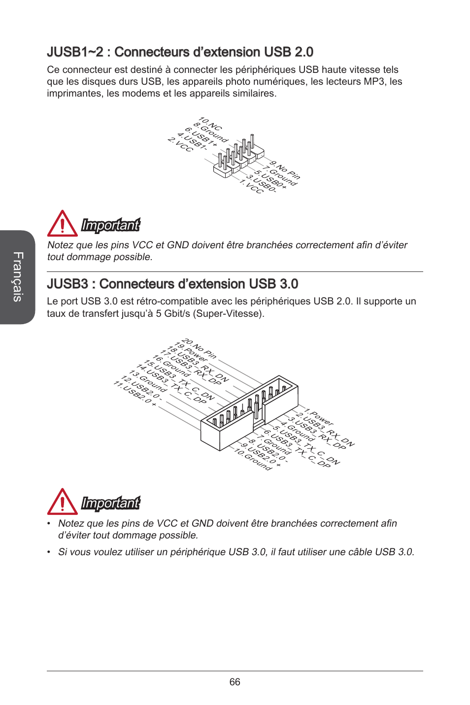 Français, Jusb~2 : connecteurs d’extension usb 2.0, Important | Jusb3 : connecteurs d’extension usb 3.0 | MSI H97M-E35 User Manual | Page 66 / 184