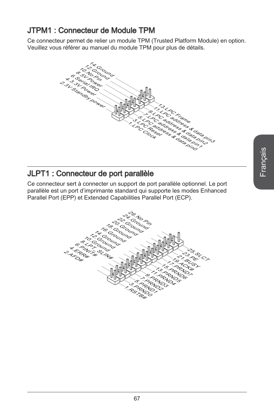 Français, Jtpm : connecteur de module tpm, Jlpt : connecteur de port parallèle | MSI H97M-E35 User Manual | Page 67 / 184