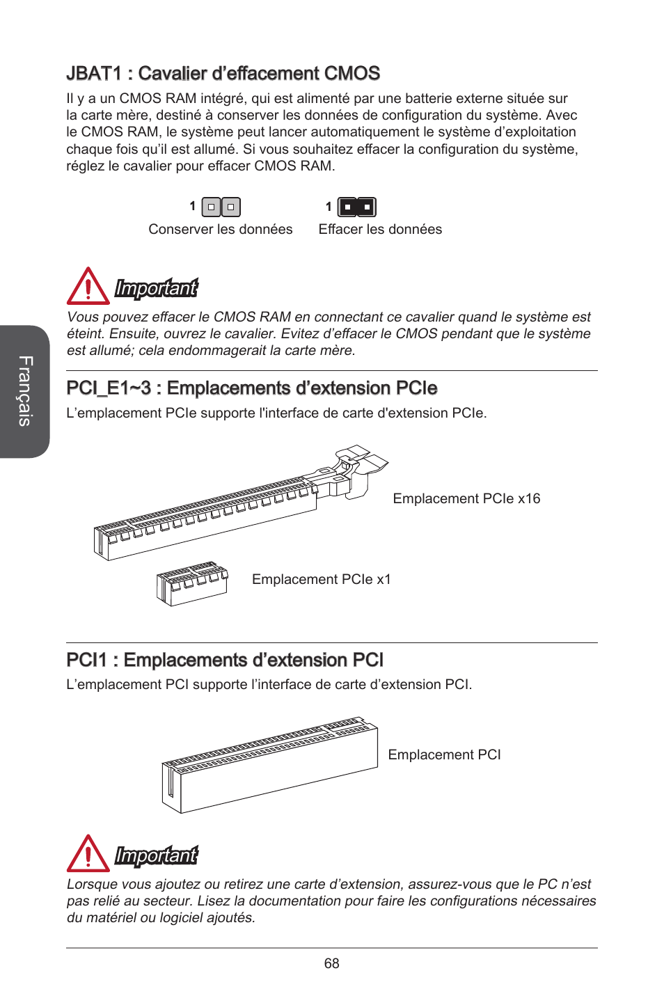 Français, Jbat : cavalier d’effacement cmos, Important | Pci_e~3 : emplacements d’extension pcie, Pci : emplacements d’extension pci | MSI H97M-E35 User Manual | Page 68 / 184