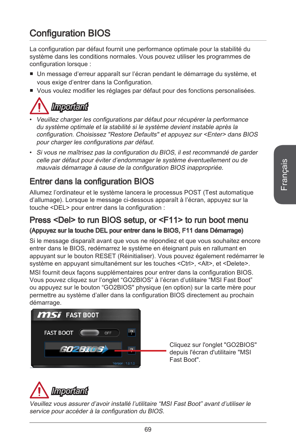Configuration bios, Français, Important | Entrer dans la configuration bios | MSI H97M-E35 User Manual | Page 69 / 184