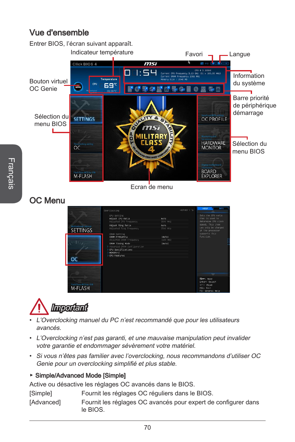 Français, Vue d'ensemble, Oc menu important | MSI H97M-E35 User Manual | Page 70 / 184