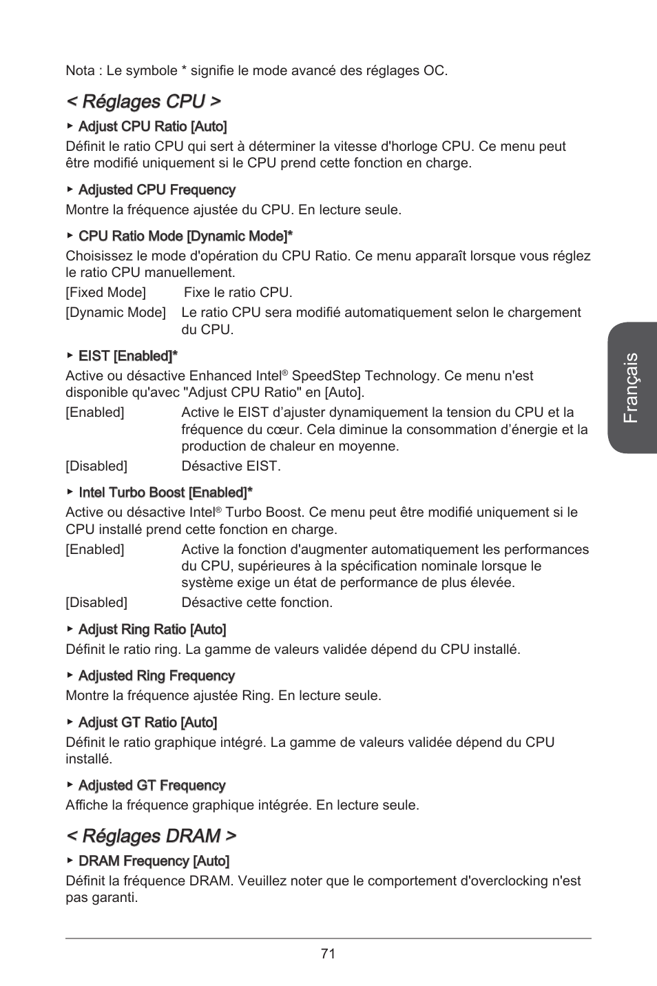 Français, Réglages cpu, Réglages dram | MSI H97M-E35 User Manual | Page 71 / 184