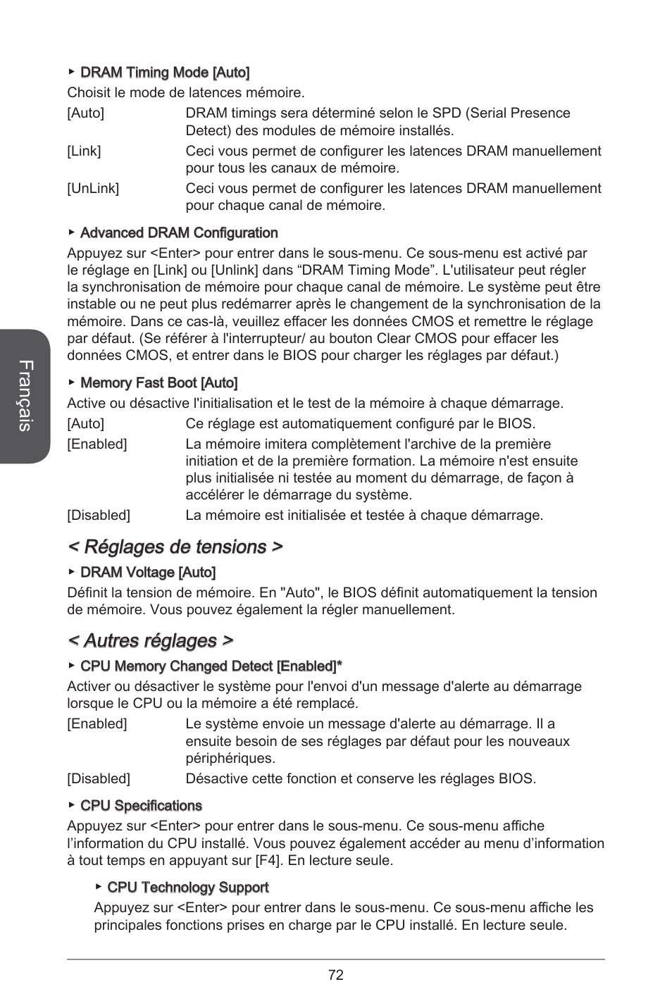 Français, Réglages de tensions, Autres réglages | MSI H97M-E35 User Manual | Page 72 / 184