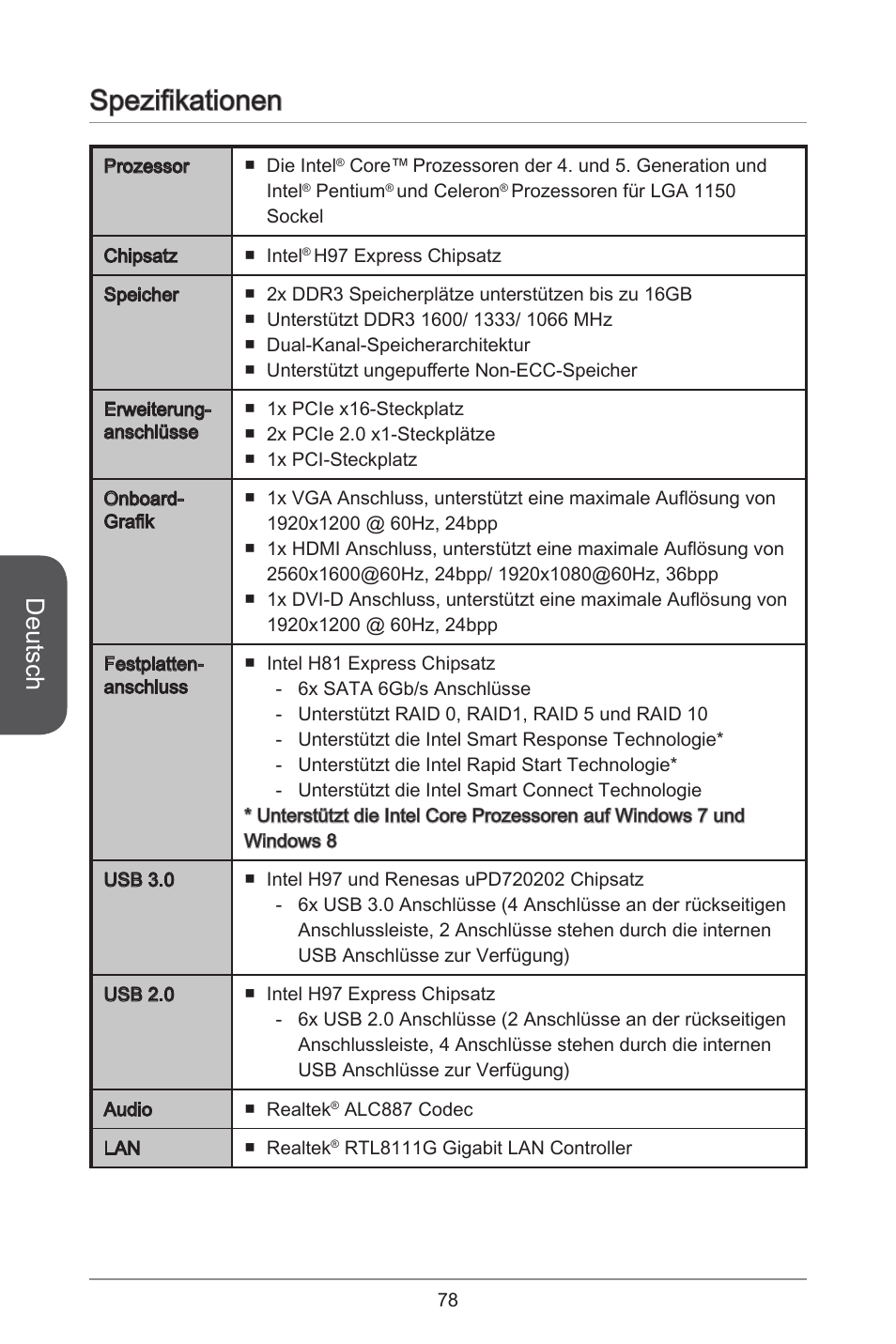 Spezifikationen, Deutsch | MSI H97M-E35 User Manual | Page 78 / 184