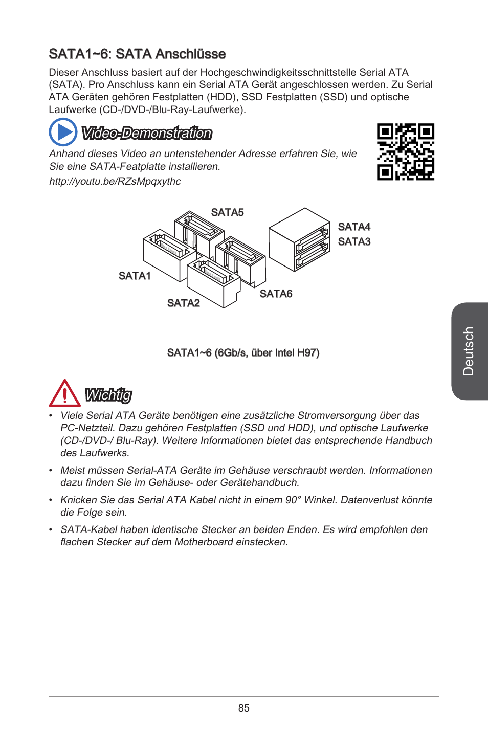 Deutsch, Sata~6: sata anschlüsse, Video-demonstration | Wichtig | MSI H97M-E35 User Manual | Page 85 / 184