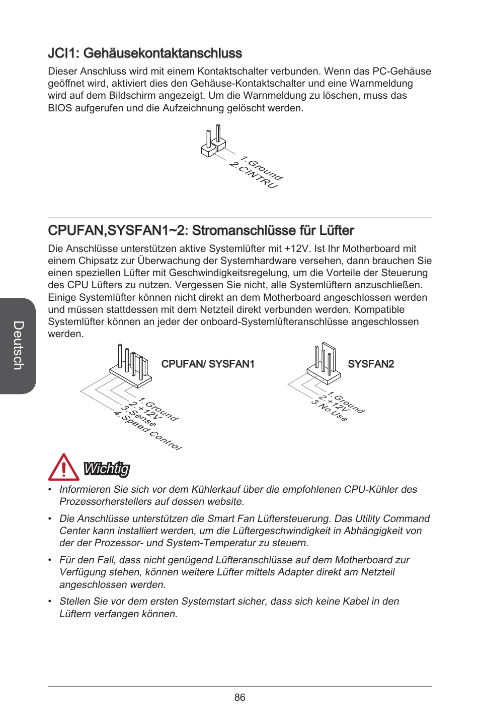 Deutsch, Jci: gehäusekontaktanschluss, Cpufan,sysfan~2: stromanschlüsse für lüfter | Wichtig | MSI H97M-E35 User Manual | Page 86 / 184