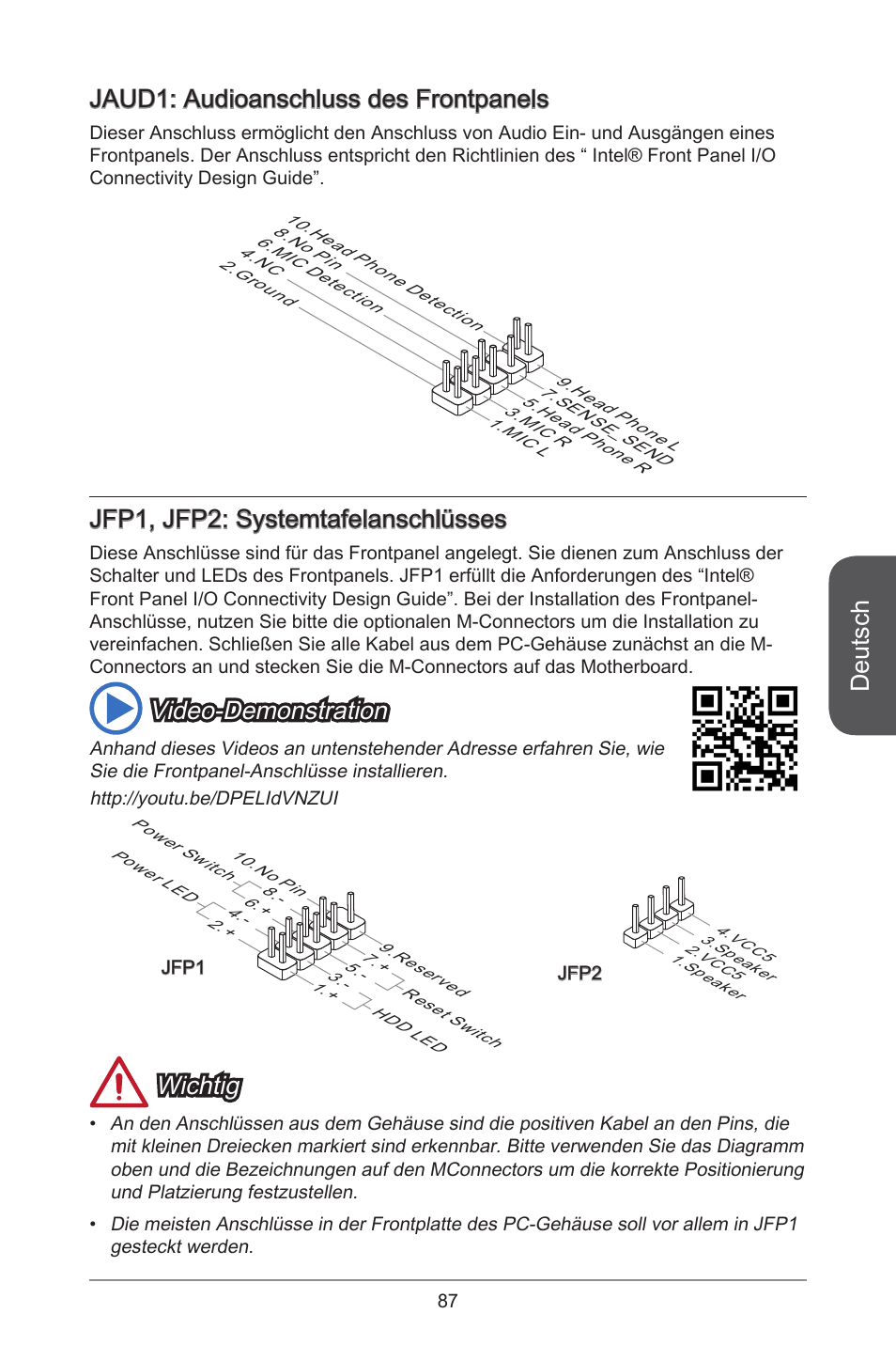 Deutsch, Jaud: audioanschluss des frontpanels, Jfp, jfp2: systemtafelanschlüsses | Video-demonstration, Wichtig | MSI H97M-E35 User Manual | Page 87 / 184