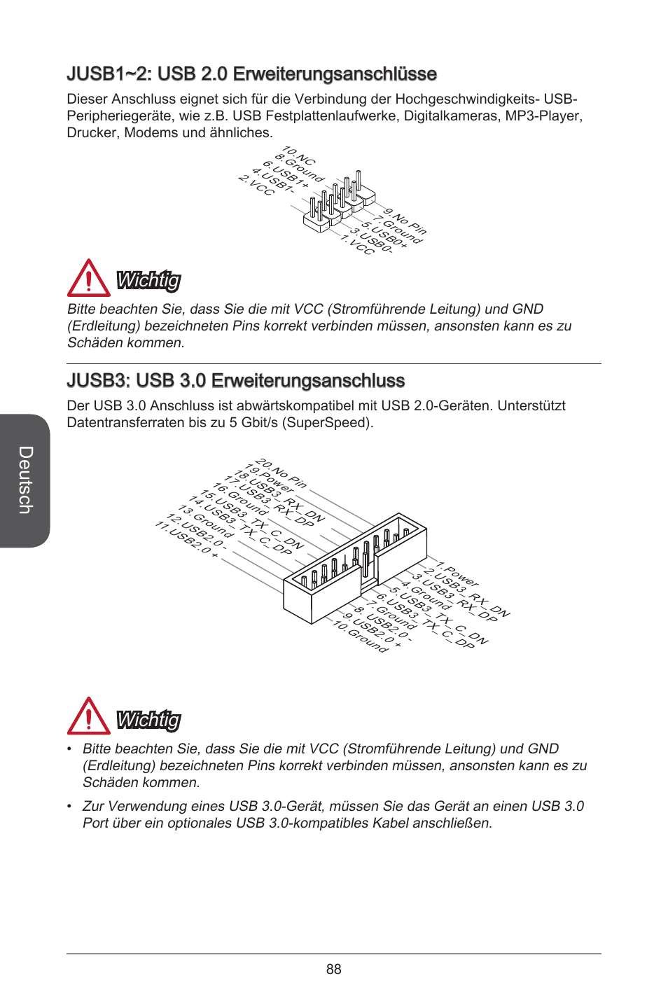 Deutsch, Jusb~2: usb 2.0 erweiterungsanschlüsse, Wichtig | Jusb3: usb 3.0 erweiterungsanschluss | MSI H97M-E35 User Manual | Page 88 / 184