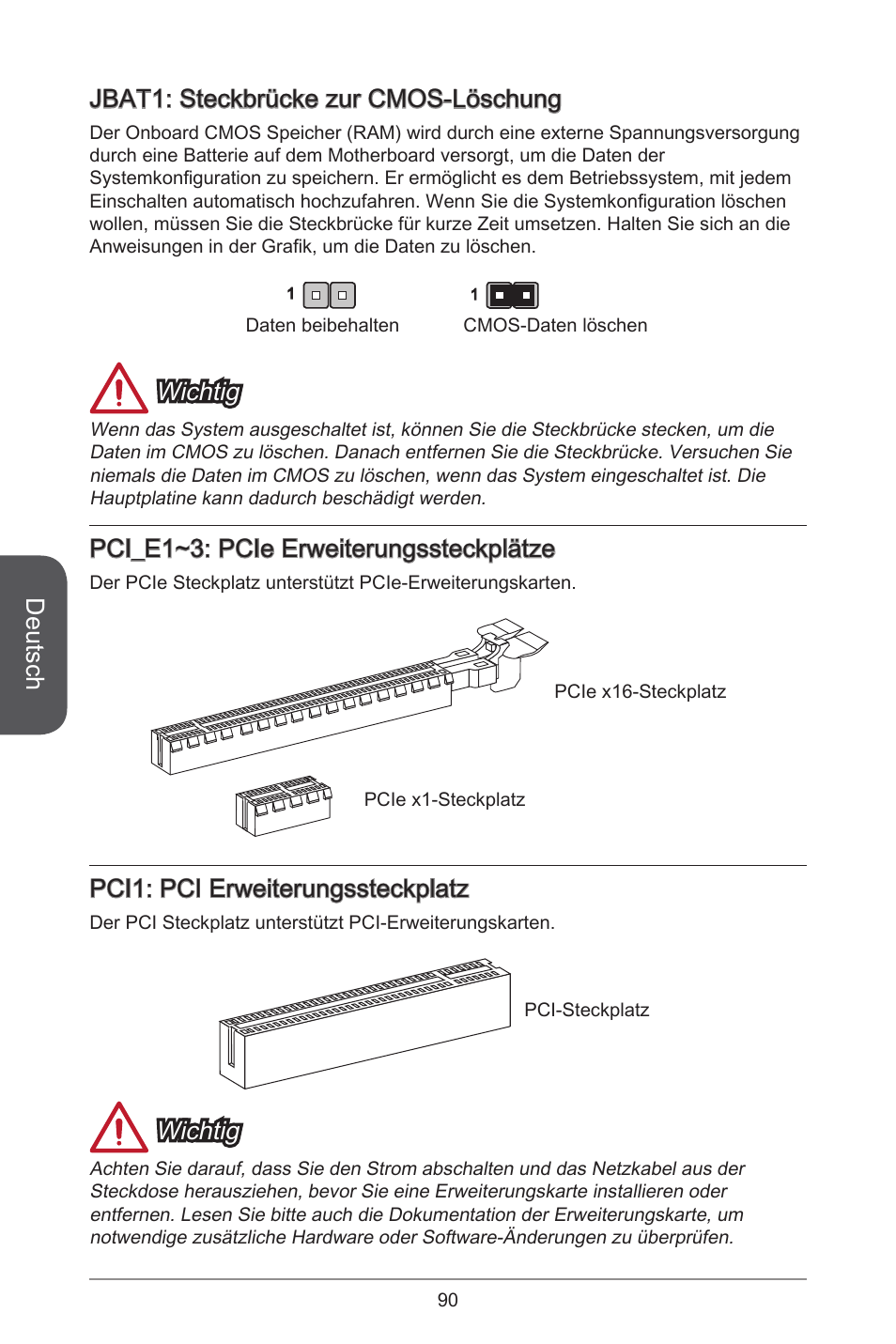 Deutsch, Jbat: steckbrücke zur cmos-löschung, Wichtig | Pci_e~3: pcie erweiterungssteckplätze, Pci: pci erweiterungssteckplatz | MSI H97M-E35 User Manual | Page 90 / 184