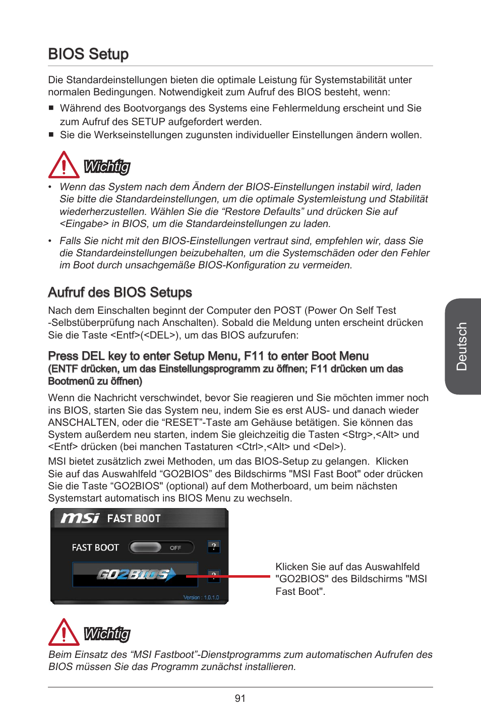 Bios setup, Deutsch, Wichtig | Aufruf des bios setups | MSI H97M-E35 User Manual | Page 91 / 184