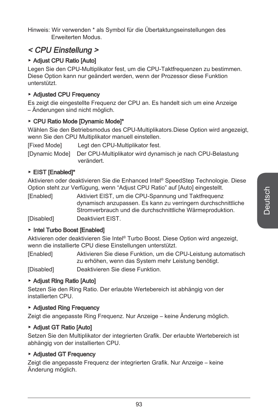 Deutsch, Cpu einstellung | MSI H97M-E35 User Manual | Page 93 / 184