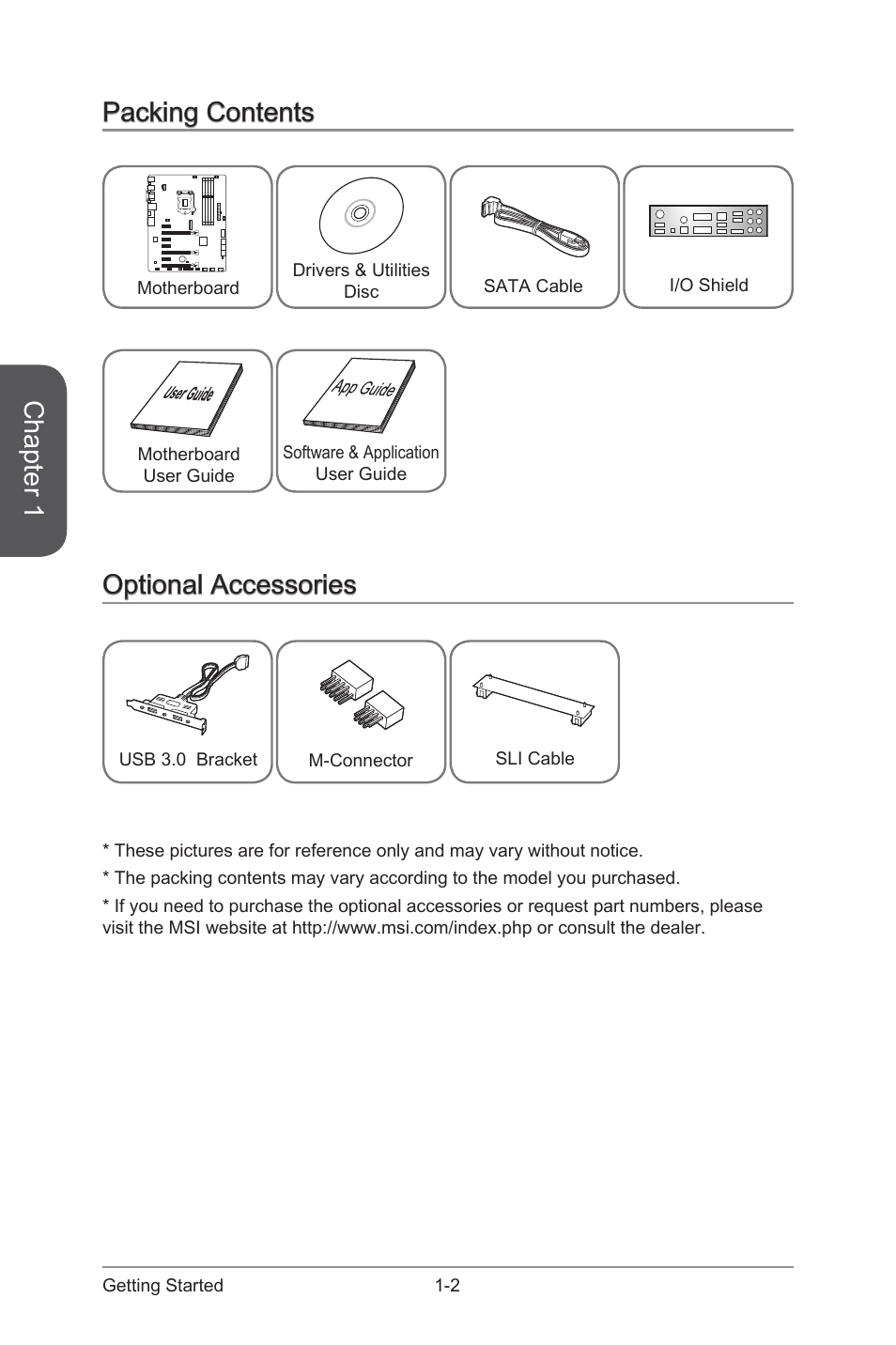 Optional accessories, Packing contents, Packing contents -2 optional accessories -2 | Chapter 1 | MSI Z87-G55 User Manual | Page 16 / 108