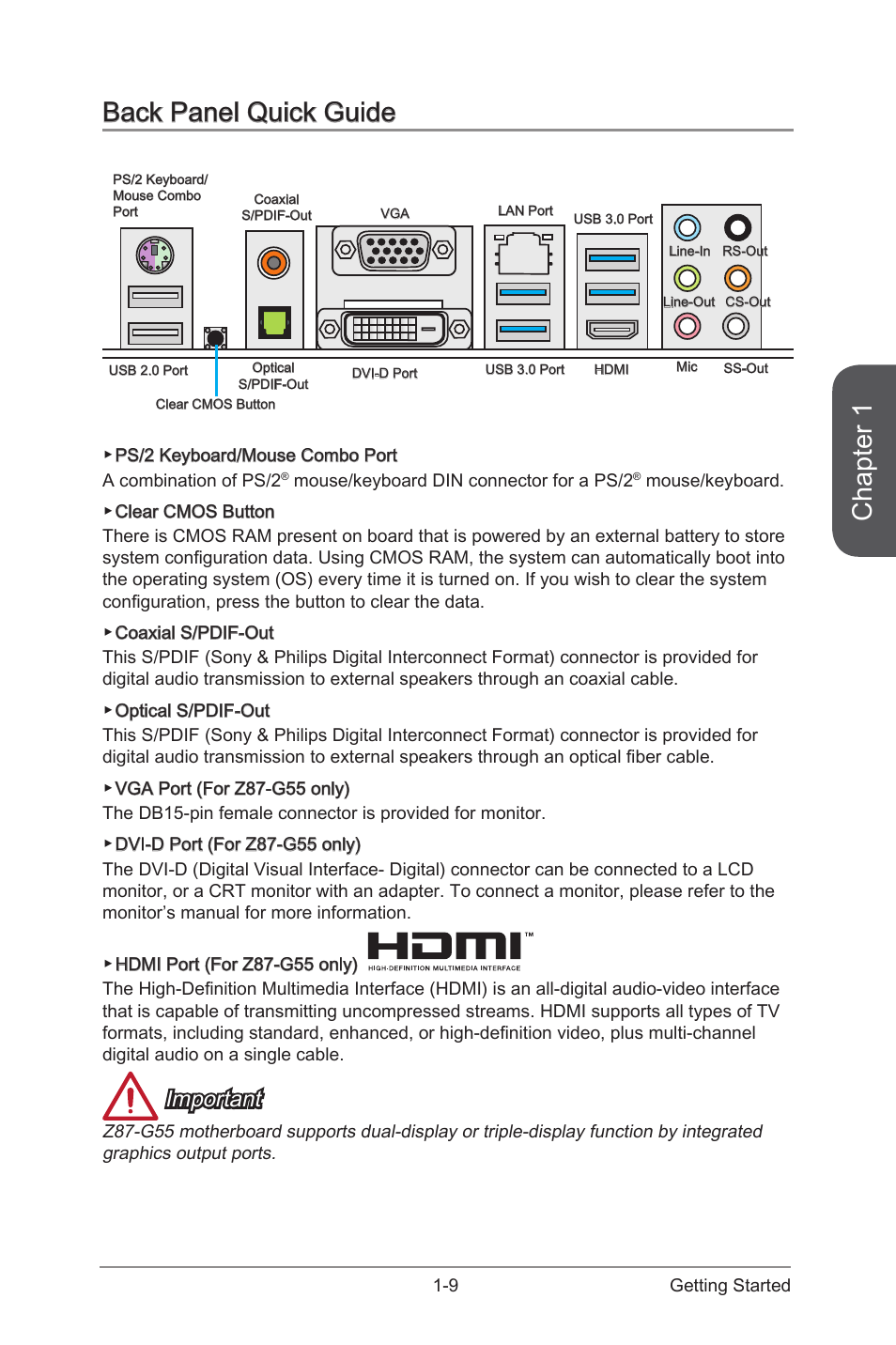 Back panel quick guide, Back panel quick guide -9, Chapter 1 | Important | MSI Z87-G55 User Manual | Page 23 / 108