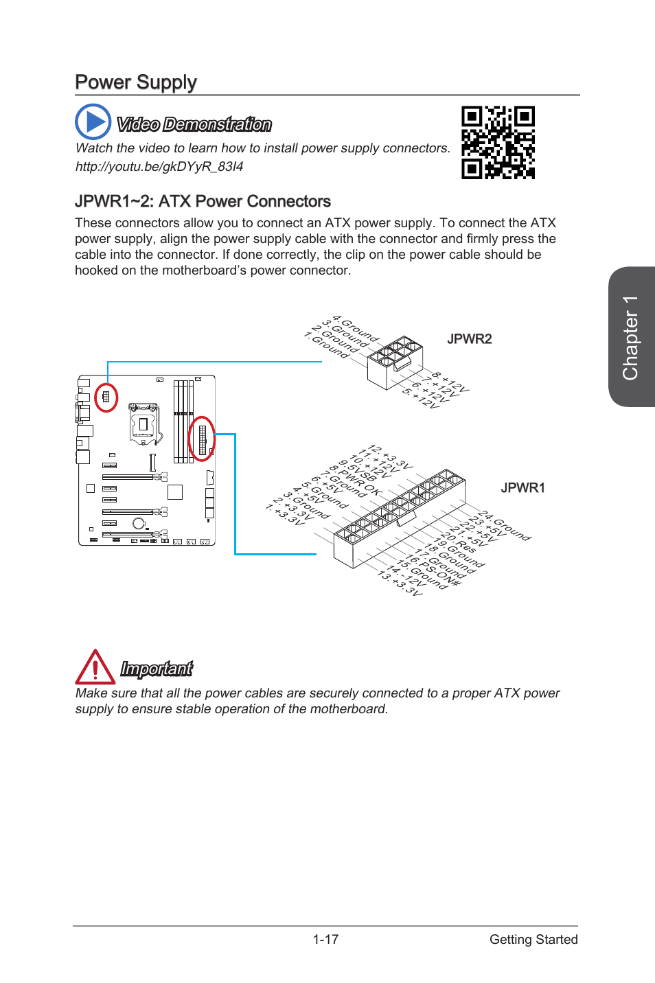 Power supply, Jpwr1~2: atx power connectors, Power supply -17 | Jpwr1~2: atx power connectors -17, Jpwr1~2, Atx power connectors, Chapter 1, Video demonstration, Important | MSI Z87-G55 User Manual | Page 31 / 108