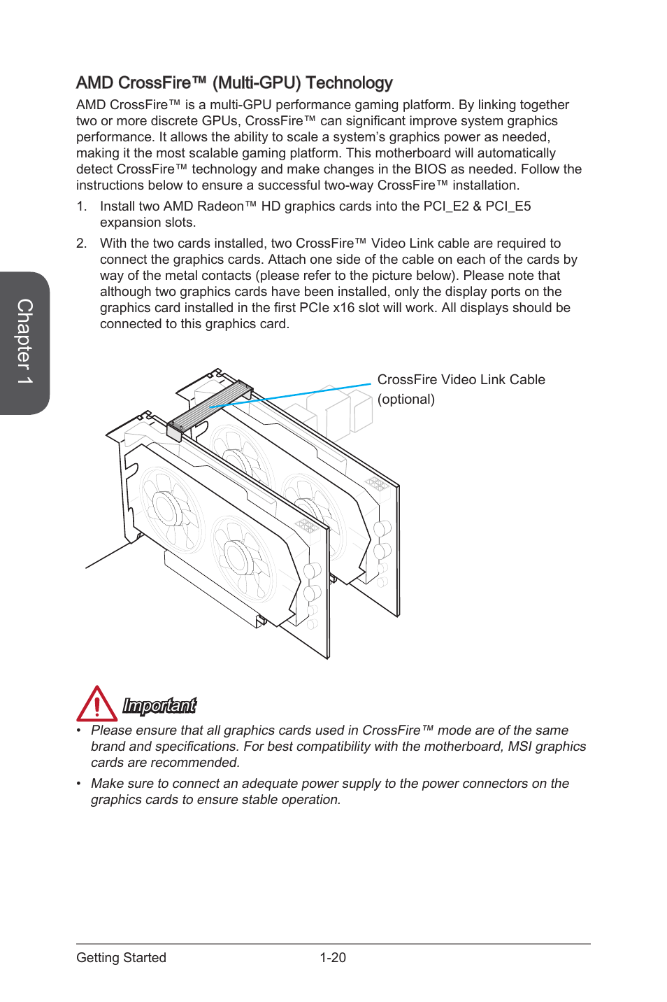 Amd crossfire™ (multi-gpu) technology, Amd crossfire™ (multi-gpu) technology -20, Chapter 1 | Important | MSI Z87-G55 User Manual | Page 34 / 108