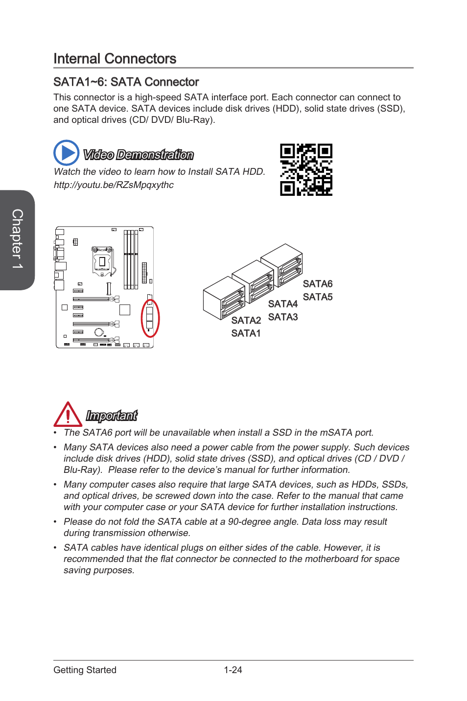 Internal connectors, Sata1~6: sata connector, Internal connectors -24 | Sata1~6: sata connector -24, Sata connectors, Chapter 1, Video demonstration, Important | MSI Z87-G55 User Manual | Page 38 / 108