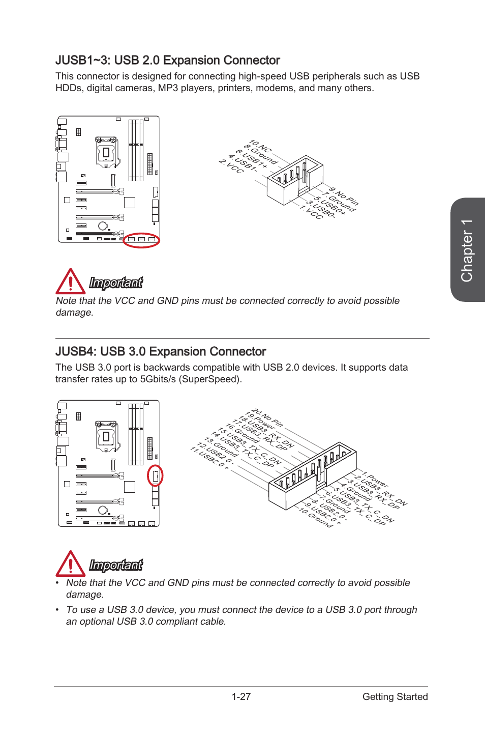 Jusb1~3: usb 2.0 expansion connector, Jusb1~3: usb 2.0 expansion connector -27, Jusb1~3 | Usb 2.0 expansion connectors, Jusb4, Usb 3.0 expansion connector, Chapter 1, Important, Jusb4: usb 3.0 expansion connector, 27 getting started | MSI Z87-G55 User Manual | Page 41 / 108