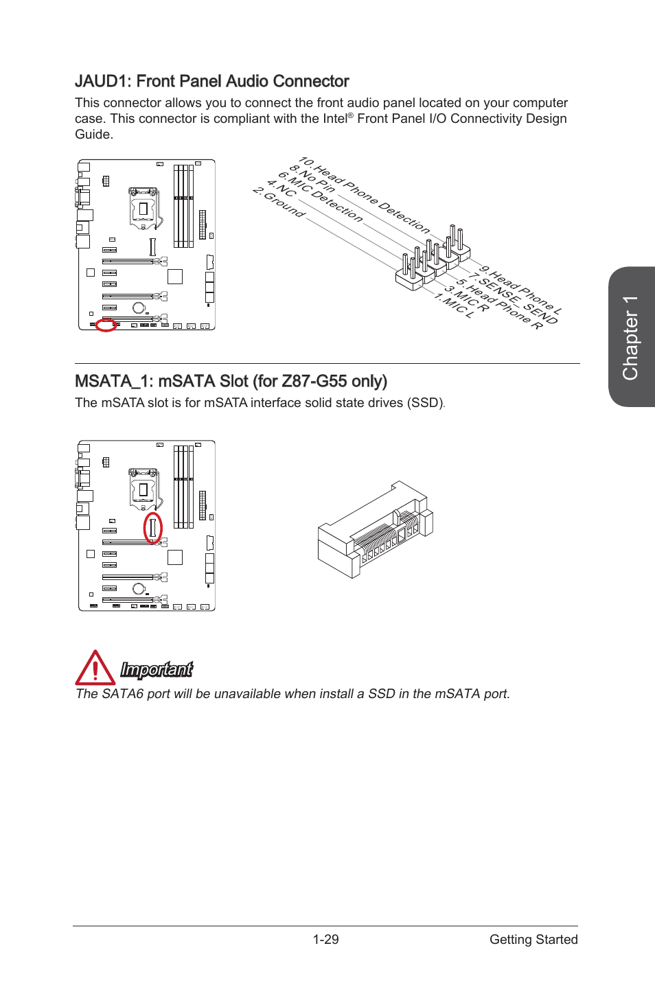 Jaud1: front panel audio connector, Jaud1: front panel audio connector -29, Jaud1 | Front panel audio connector, Msata_1, Msata slot, Chapter 1, Important | MSI Z87-G55 User Manual | Page 43 / 108