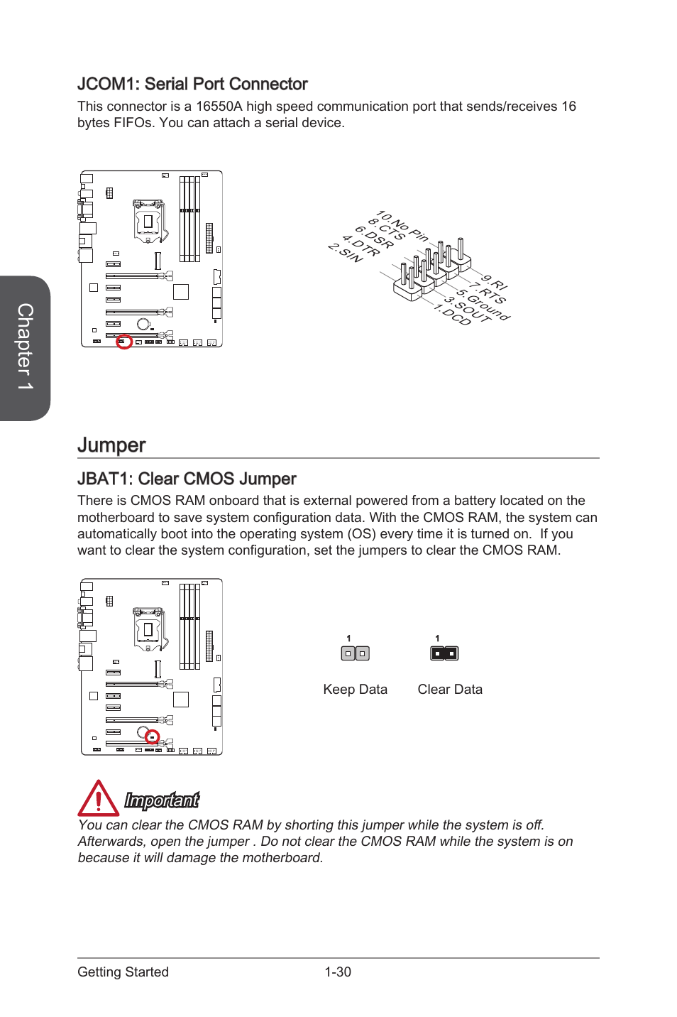 Jumper, Jbat1: clear cmos jumper, Jcom1: serial port connector | Jcom1: serial port connector -30, Jumper -30, Jbat1: clear cmos jumper -30, Jbat1, Clear cmos jumper, Jcom1, Serial port connector | MSI Z87-G55 User Manual | Page 44 / 108