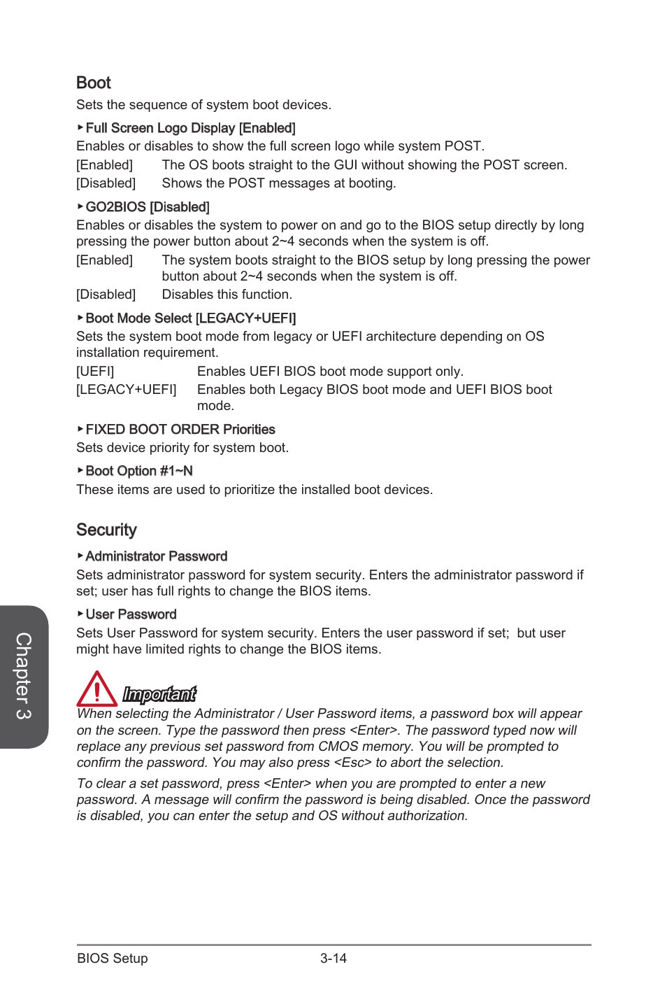 Boot, Security, Boot -14 security -14 | Chapter 3, Important | MSI Z87-G55 User Manual | Page 74 / 108