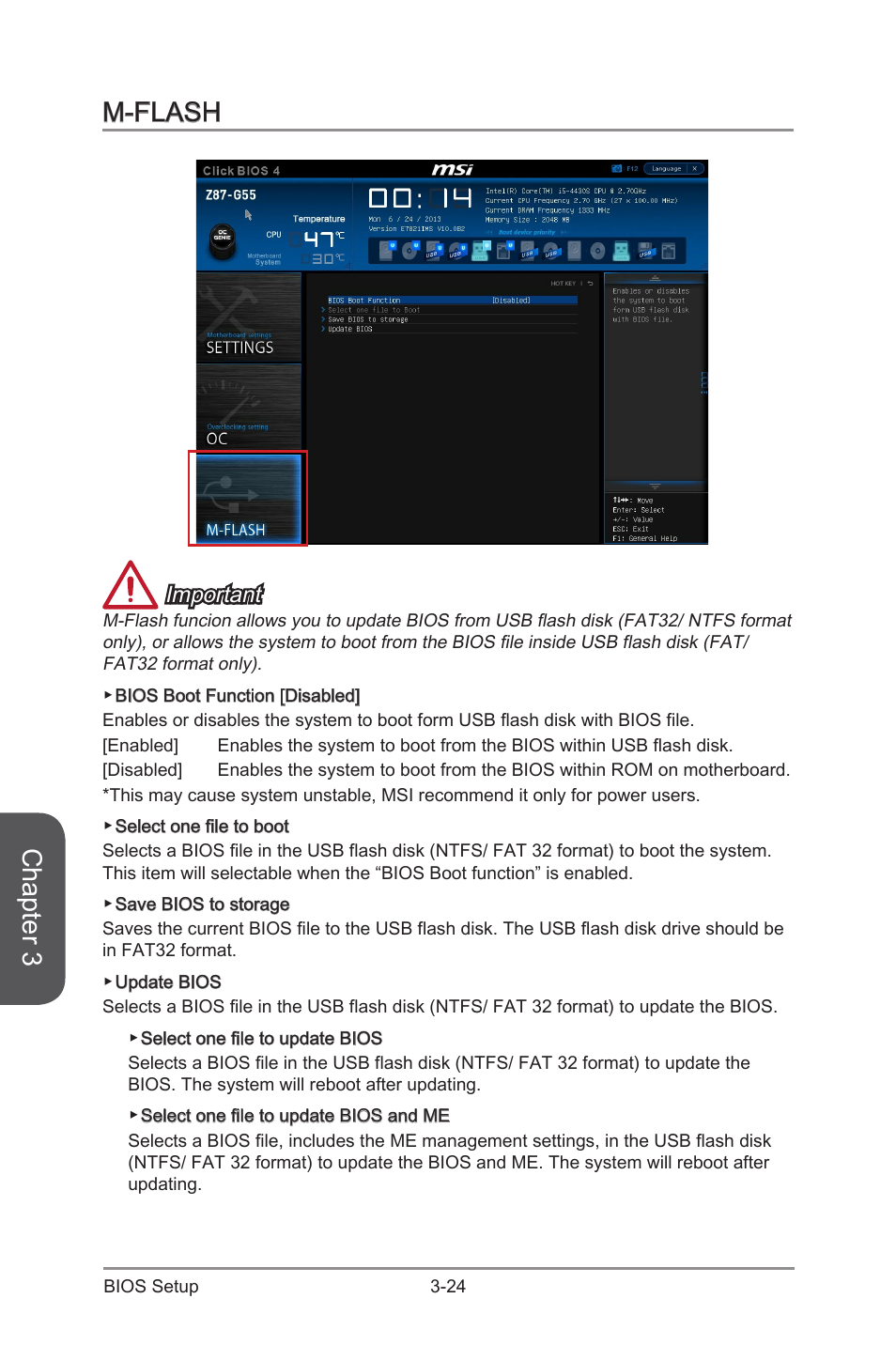 M-flash, M-flash -24, Chapter 3 | Important | MSI Z87-G55 User Manual | Page 84 / 108