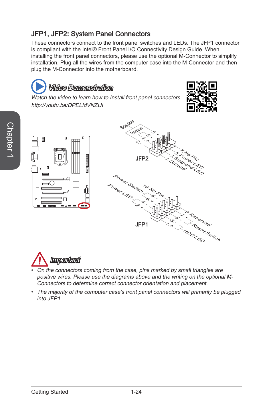 Jfp1, jfp2: system panel connectors, Jfp1, jfp2: system panel connectors -24, Jfp1, jfp2 | System panel connectors, Chapter 1, Video demonstration, Important | MSI H87-G43 User Manual | Page 38 / 112