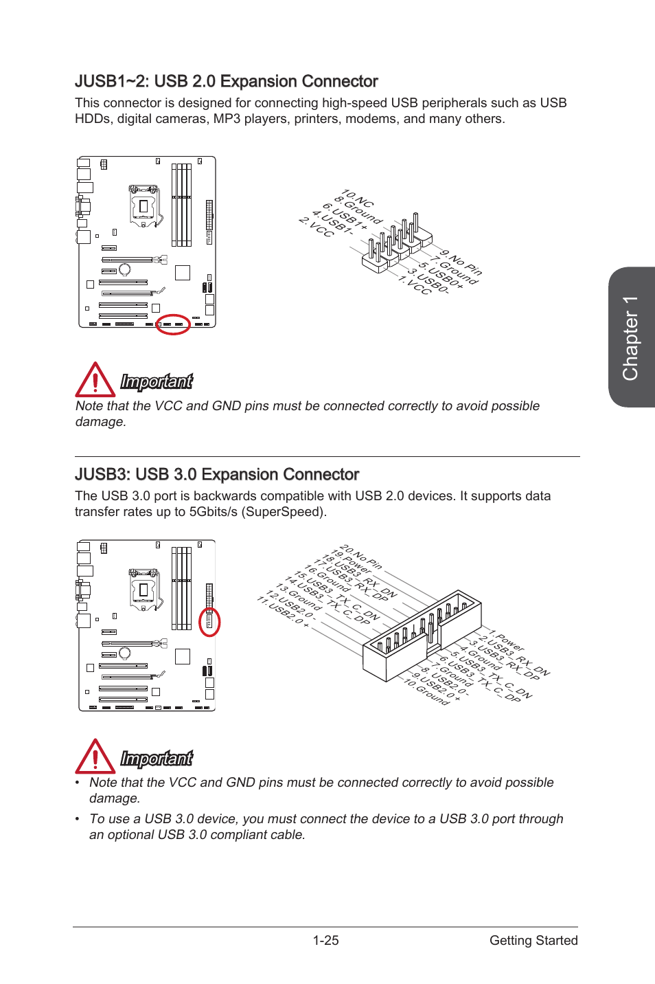 Jusb1~2: usb 2.0 expansion connector, Jusb3: usb 3.0 expansion connector, Jusb1~2: usb 2.0 expansion connector -25 | Jusb1~2, Usb 2.0 expansion connectors, Jusb3, Usb 3.0 expansion connector, Chapter 1, Important, 25 getting started | MSI H87-G43 User Manual | Page 39 / 112