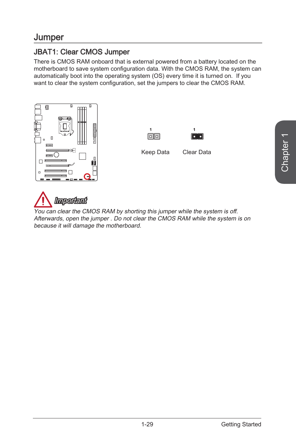 Jbat1: clear cmos jumper, Jumper -29, Jbat1: clear cmos jumper -29 | Jbat1, Clear cmos jumper, Chapter 1, Jumper, Important | MSI H87-G43 User Manual | Page 43 / 112