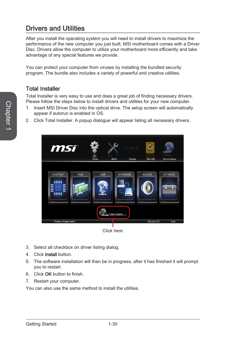 Drivers and utilities -30, Total installer -30, Chapter 1 | Drivers and utilities, Total installer | MSI H87-G43 User Manual | Page 44 / 112