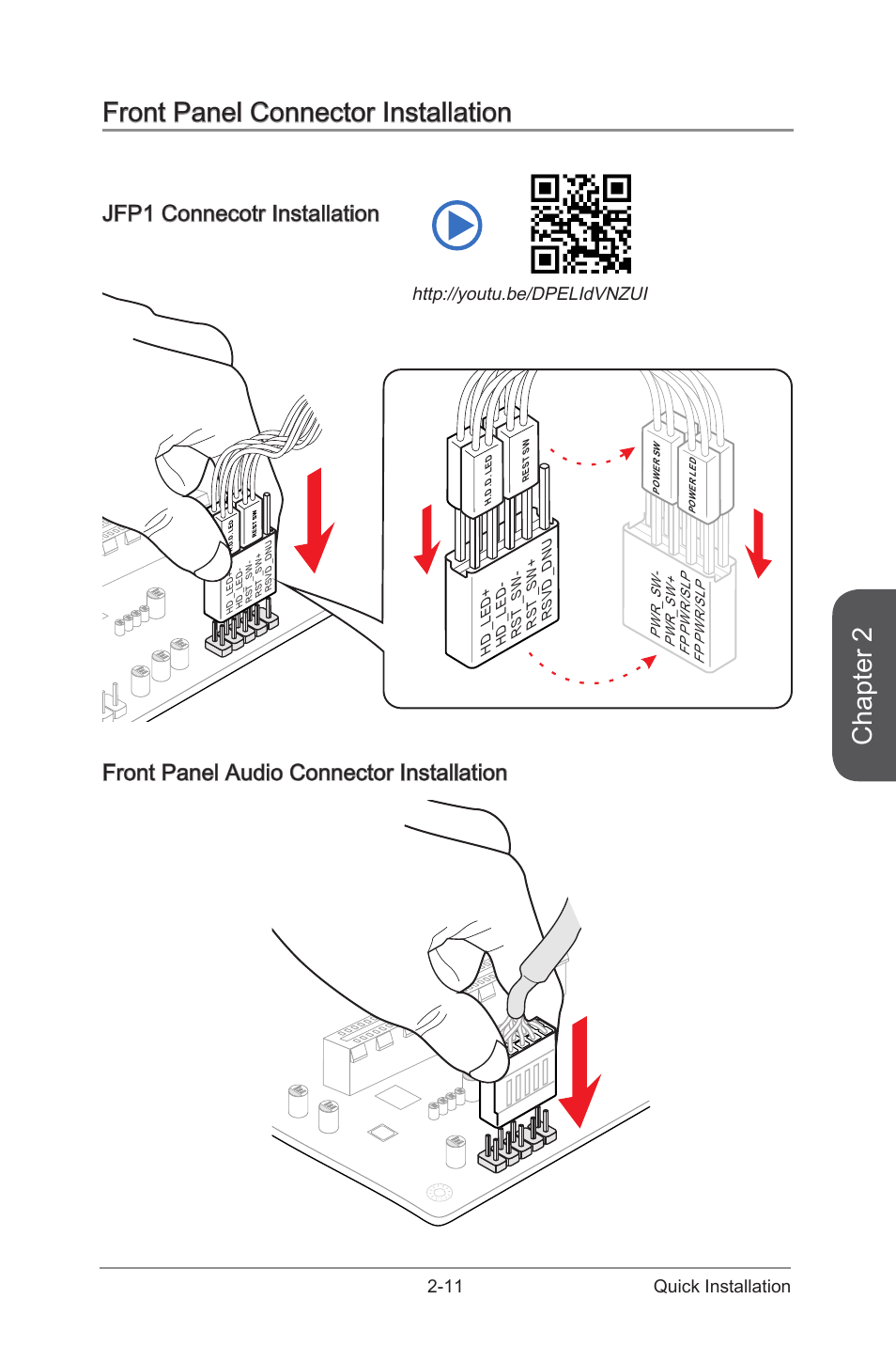 Front panel connector installation -11, Chapter 2, Front panel connector installation | Jfp1 connecotr installation, Front panel audio connector installation, 11 quick installation | MSI H87-G43 User Manual | Page 55 / 112