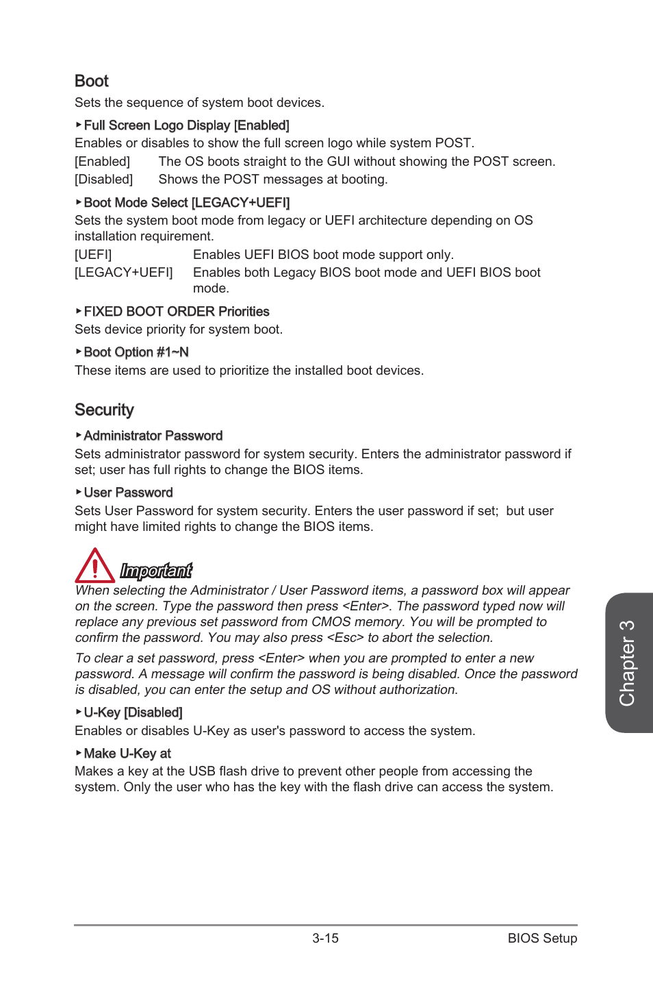 Boot -15 security -15, Chapter 3, Boot | Security, Important | MSI H87-G43 User Manual | Page 73 / 112