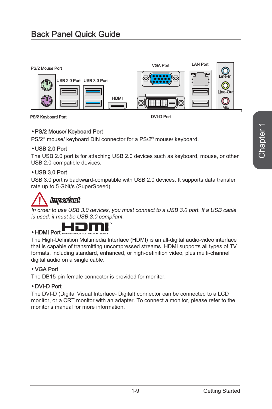 Back panel quick guide, Back panel quick guide -9, Chapter 1 | Important | MSI B85-G41 PC Mate User Manual | Page 23 / 104