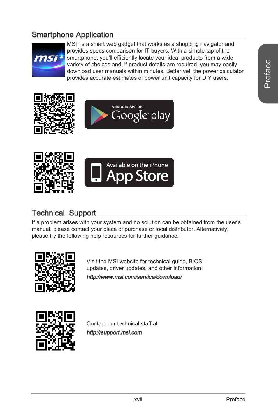Smartphone application, Technical support, Preface | MSI B85-G41 PC Mate User Manual | Page 3 / 104