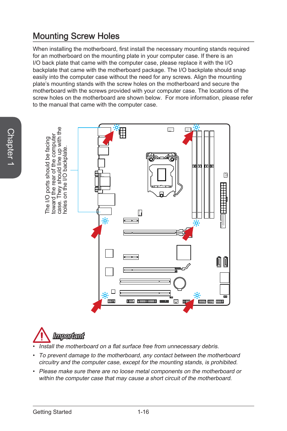 Mounting screw holes, Mounting screw holes -16, Chapter 1 | Important | MSI B85-G41 PC Mate User Manual | Page 30 / 104