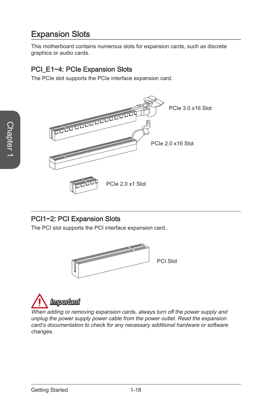 Expansion slots, Pci_e1~4: pcie expansion slots, Expansion slots -18 | Pci_e1~4: pcie expansion slots -18, Pci1~2, Pci expansion slots, Chapter 1 | MSI B85-G41 PC Mate User Manual | Page 32 / 104